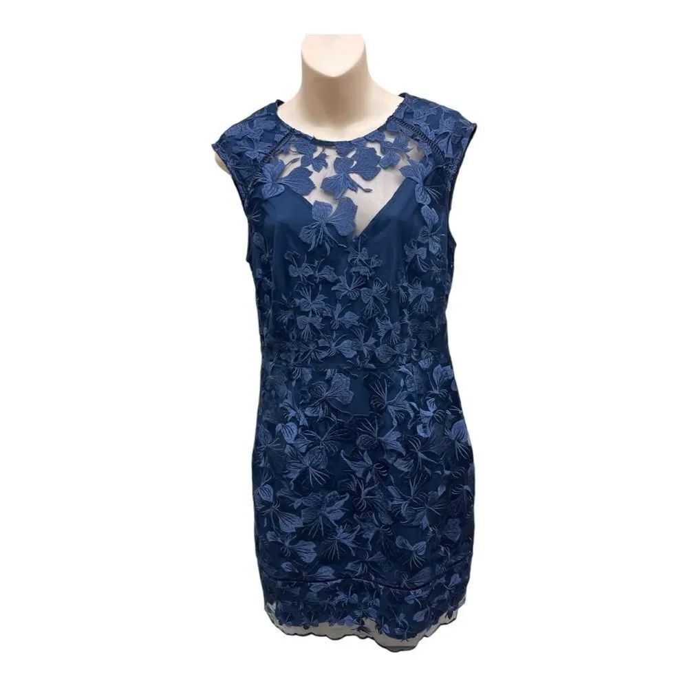 Trina Turk Blue Lace Embroidered Cocktail Dress Sleeveless Sheath Sz 6